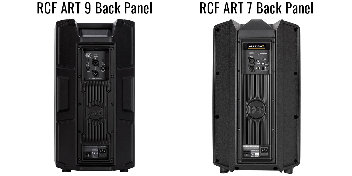 The back panel of an RCF ART 9 speaker and RCF ART 7 speaker