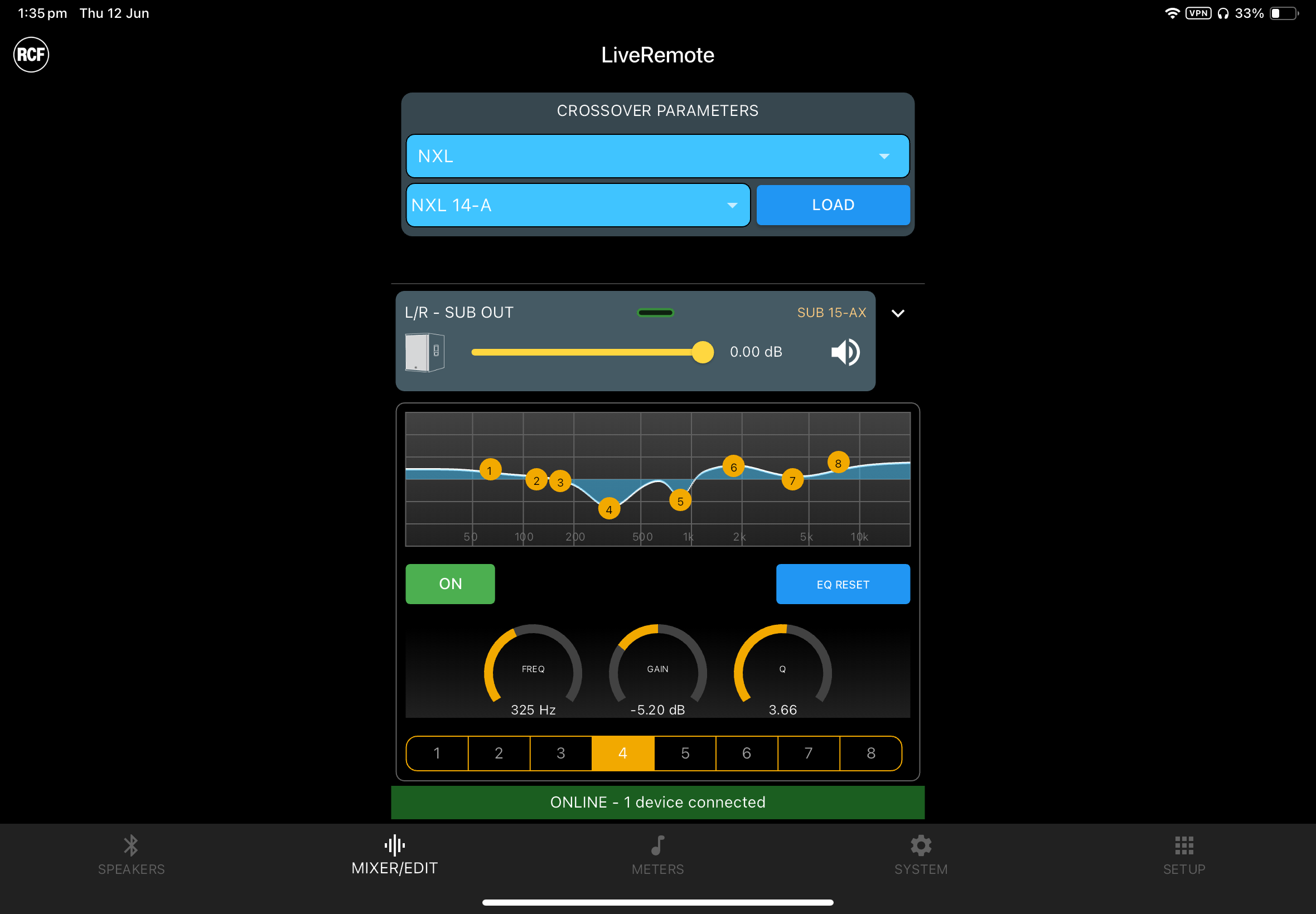 Screenshot of RCF LiveRemote mixer / edit control